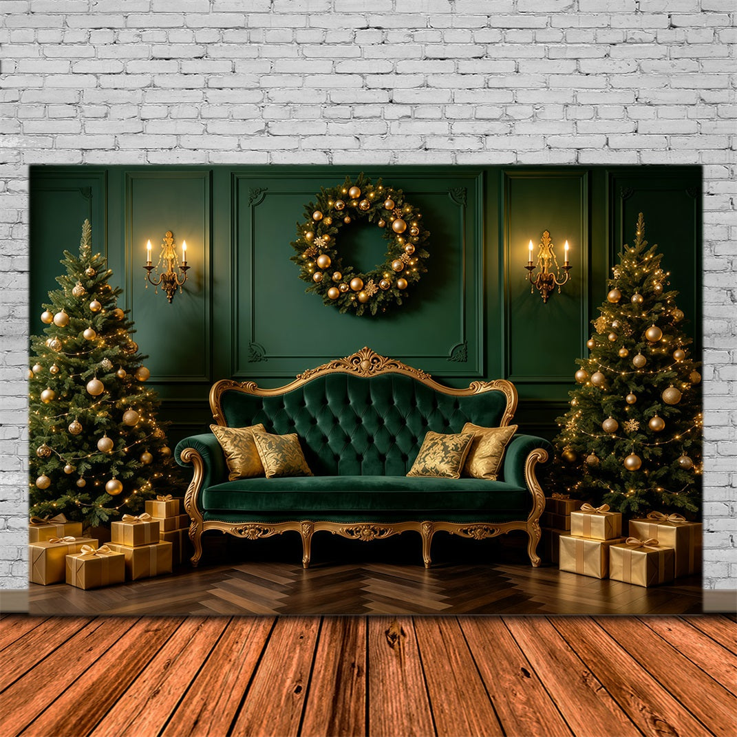 Green Christmas Backdrop Emerald Velvet Sofa Lounge Professional Christmas Backdrops UK GQ68-121
