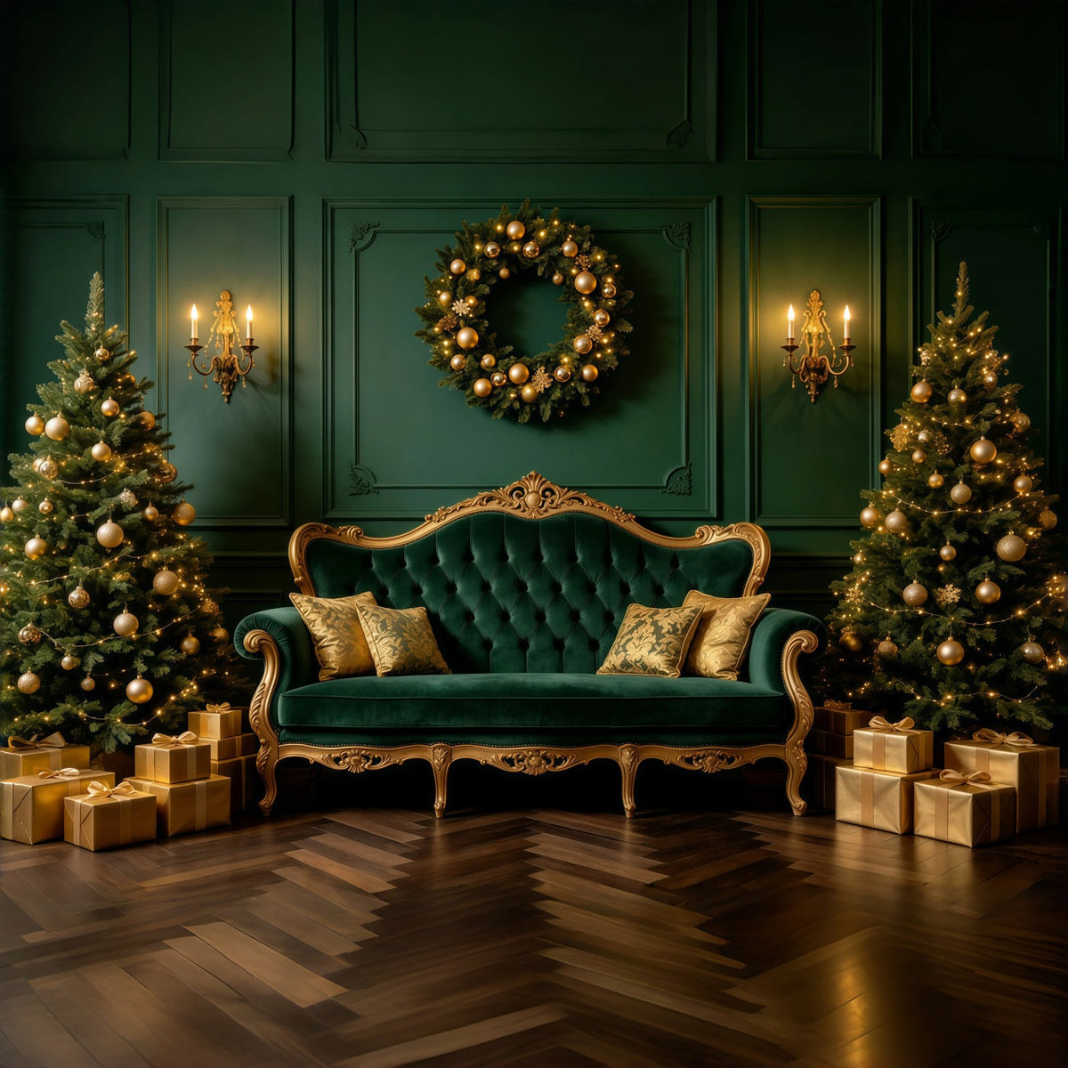 Green Christmas Backdrop Emerald Velvet Sofa Lounge Professional Christmas Backdrops UK GQ68-121