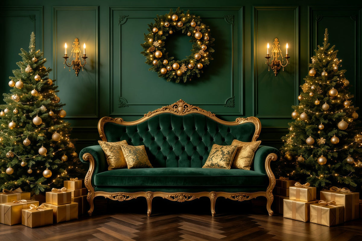 Green Christmas Backdrop Emerald Velvet Sofa Lounge Professional Christmas Backdrops UK GQ68-121