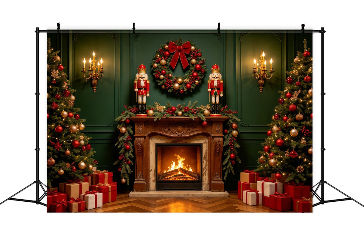Christmas Fireplace Backdrops Green Retro Wall Nutcracker Christmas Photography Backdrops UK GQ68-122