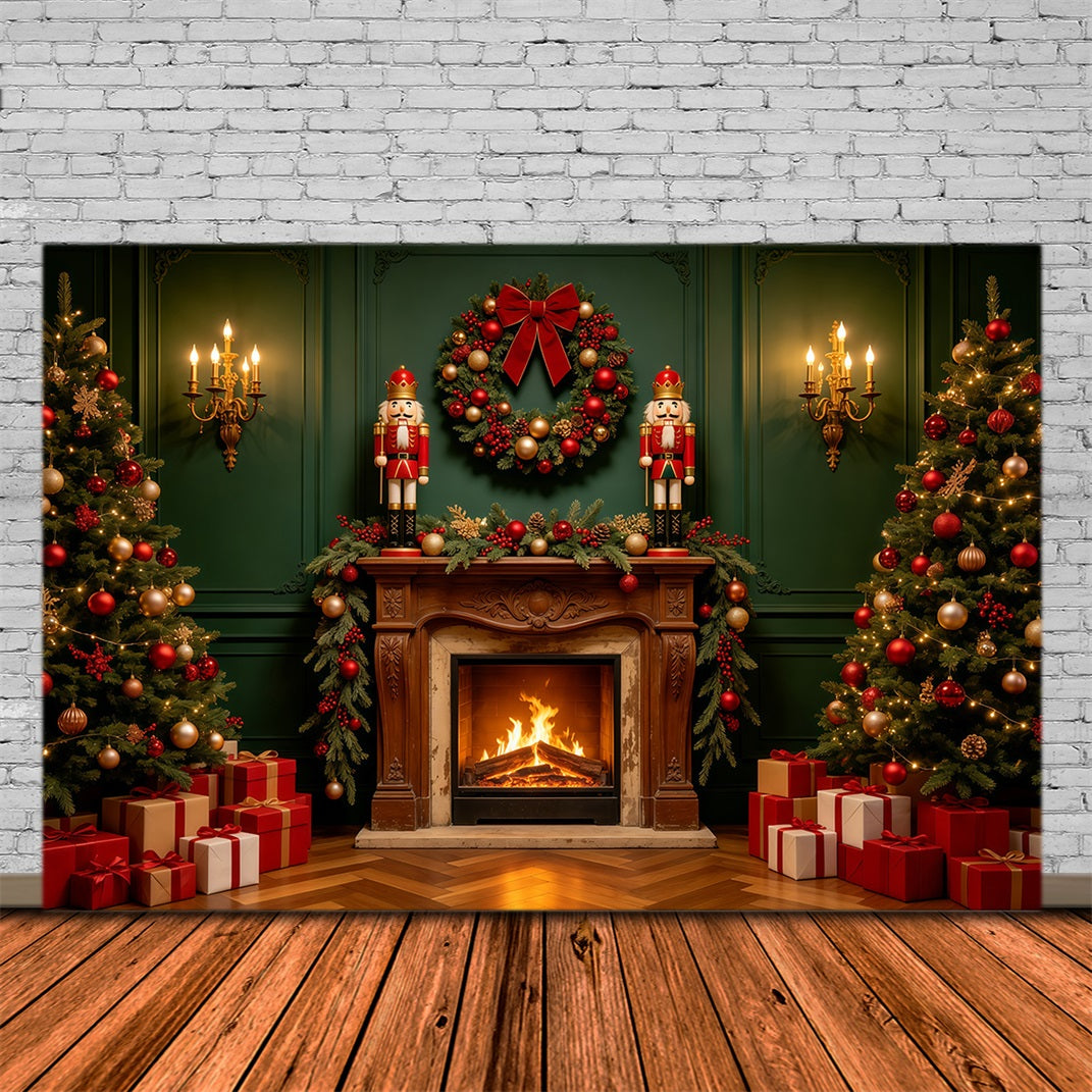Christmas Fireplace Backdrops Green Retro Wall Nutcracker Christmas Photography Backdrops UK GQ68-122