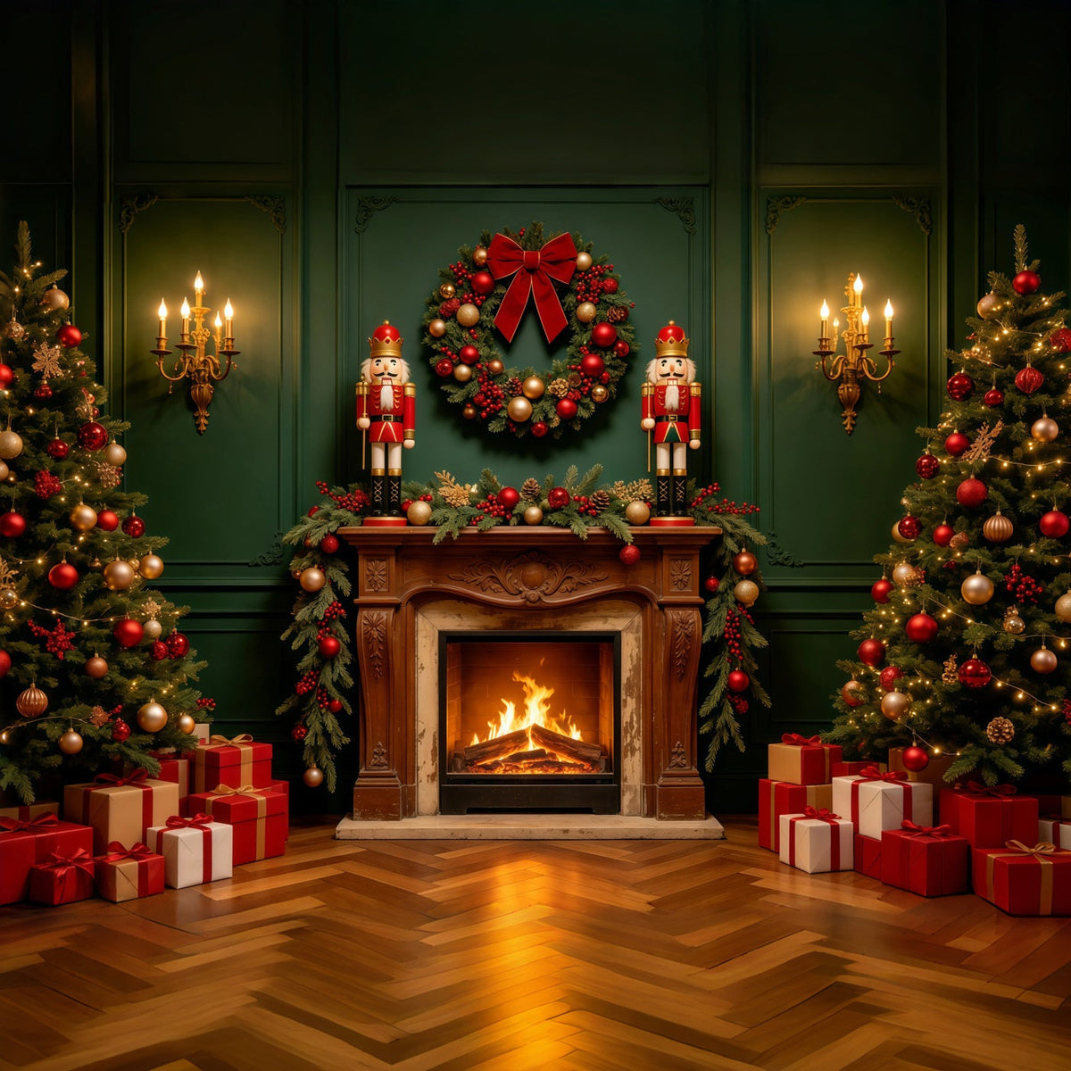 Christmas Fireplace Backdrops Green Retro Wall Nutcracker Christmas Photography Backdrops UK GQ68-122