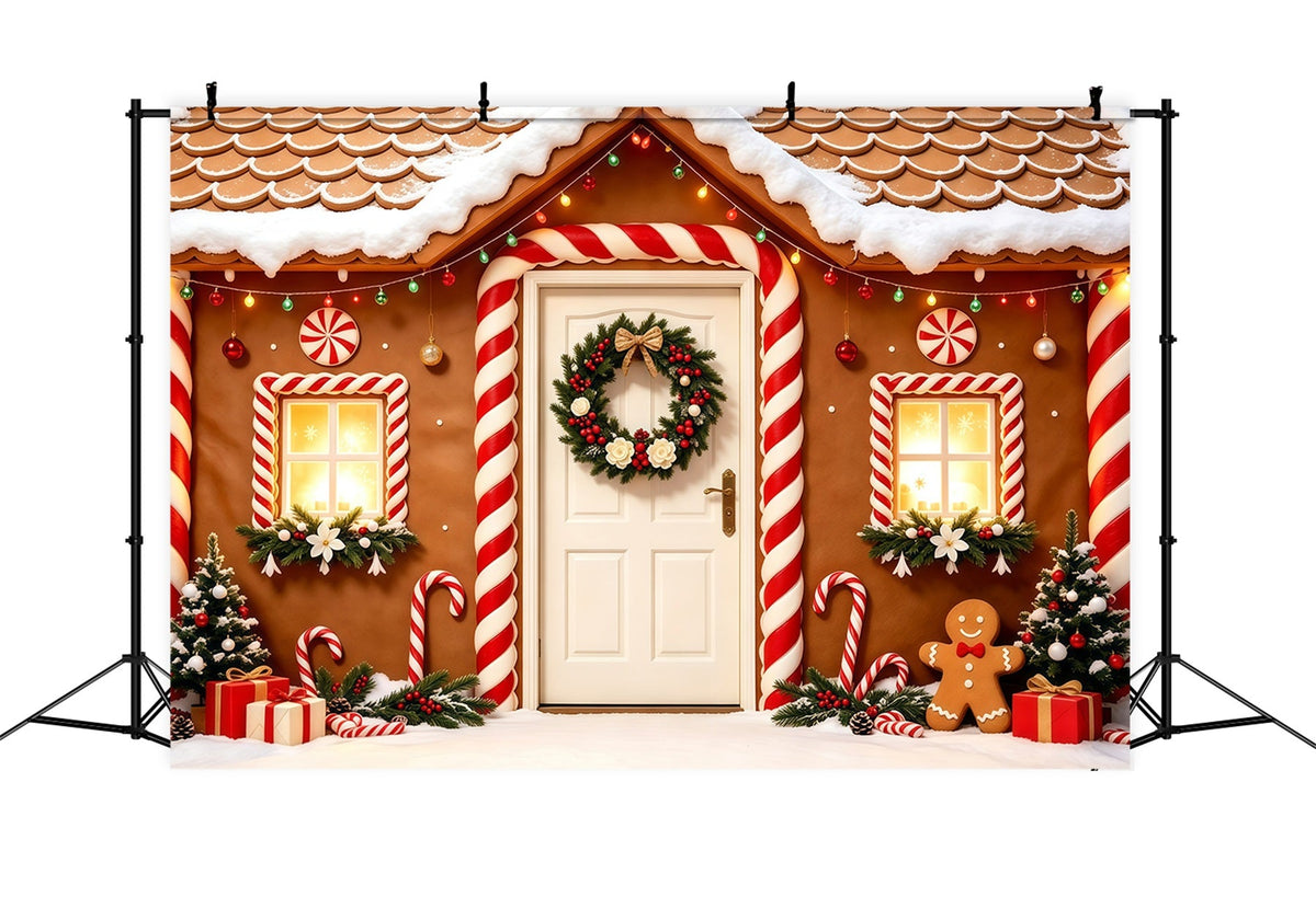 Christmas Gingerbread Backdrop Snowy Candy House Doorway Photo Backdrop Christmas UK GQ68-123