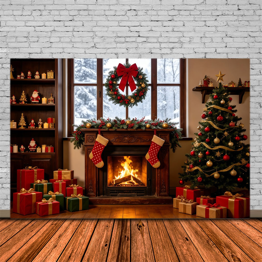 Christmas Window Backdrop Cozy Fireplace Stocking Tree Large Christmas Backdrops UK GQ68-124