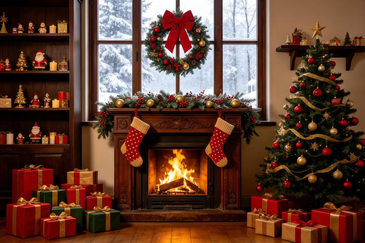 Christmas Window Backdrop Cozy Fireplace Stocking Tree Large Christmas Backdrops UK GQ68-124