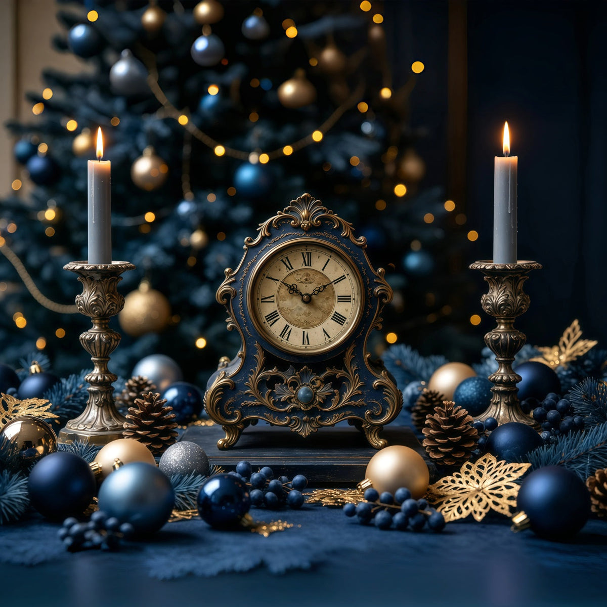 Vintage Christmas Backdrop Blue Clock Candle Display Christmas Backdrop Ideas UK GQ68-125