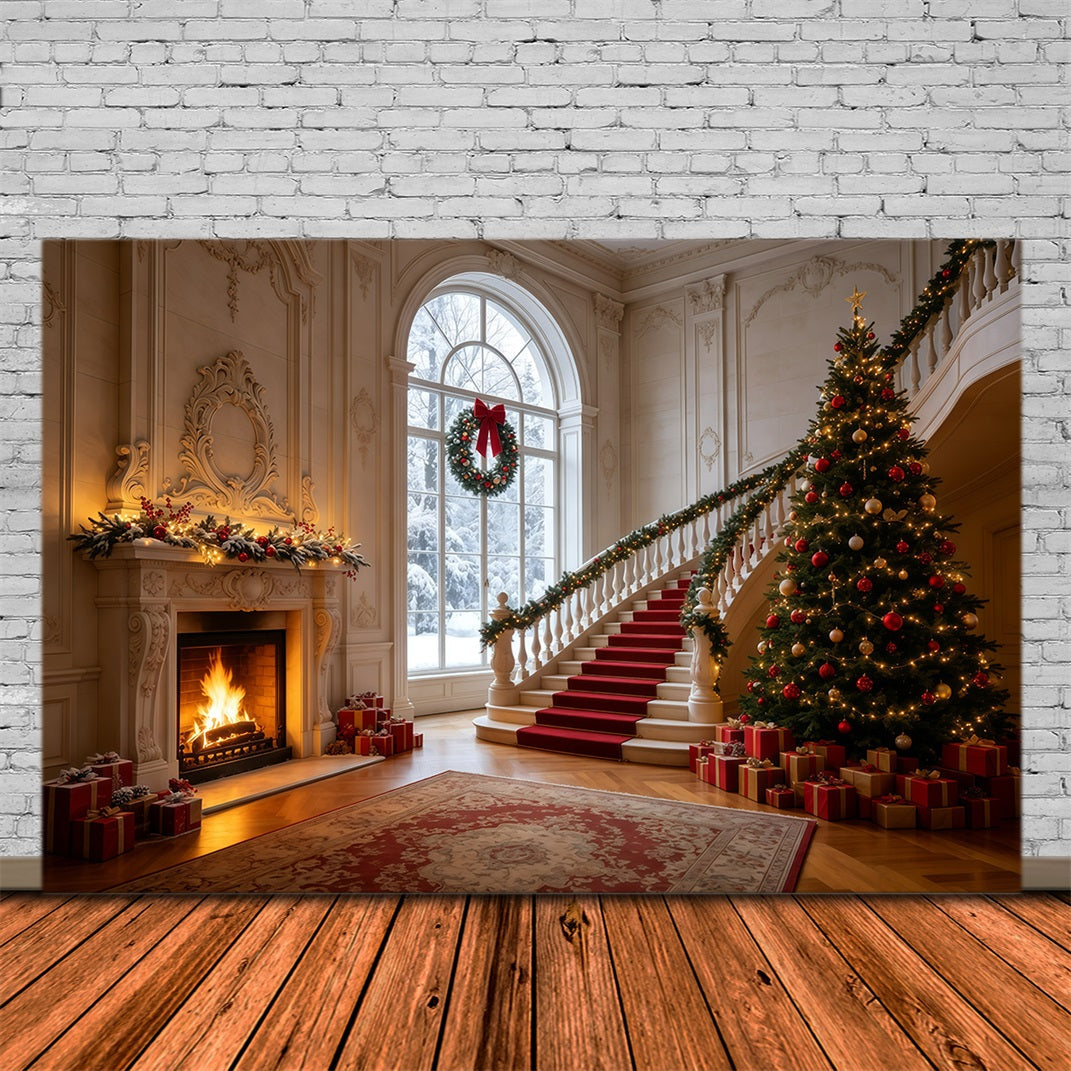 Christmas Backdrop Elegant Staircase Mansion Hall Photography Christmas Backdrops UK GQ68-126