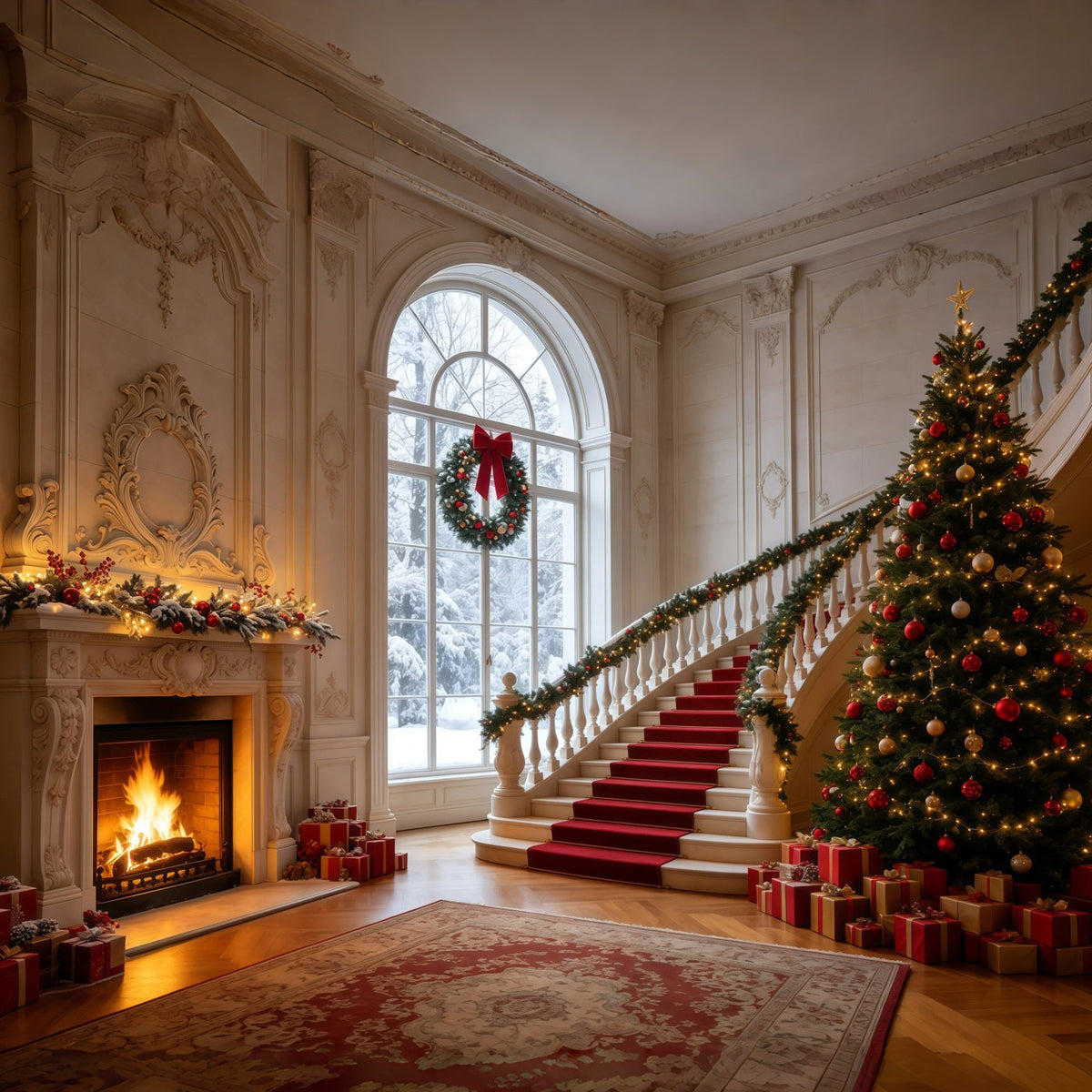 Christmas Backdrop Elegant Staircase Mansion Hall Photography Christmas Backdrops UK GQ68-126