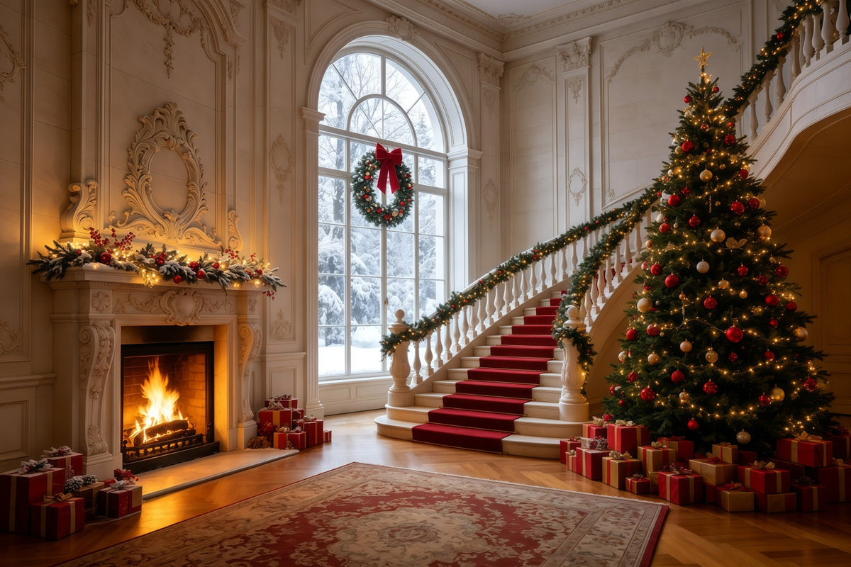 Christmas Backdrop Elegant Staircase Mansion Hall Photography Christmas Backdrops UK GQ68-126
