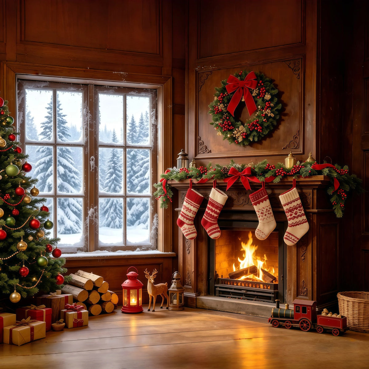 Christmas Themed Backdrops Cozy Fireplace Stockings Window Backdrops Christmas UK GQ68-128