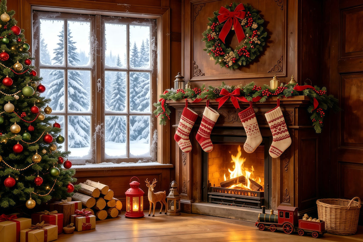Christmas Themed Backdrops Cozy Fireplace Stockings Window Backdrops Christmas UK GQ68-128
