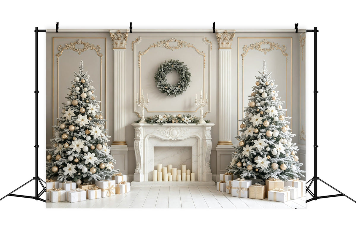 Christmas Fireplace Backdrop Elegant White Floral Mantel Photography Christmas Backdrop UK GQ68-129