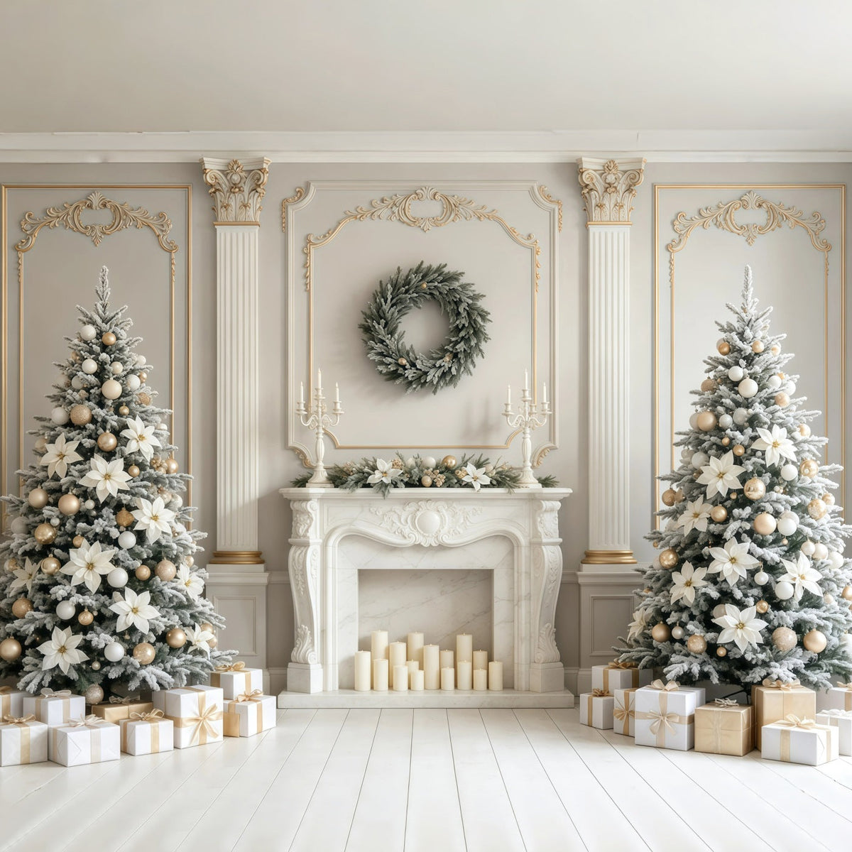 Christmas Fireplace Backdrop Elegant White Floral Mantel Photography Christmas Backdrop UK GQ68-129