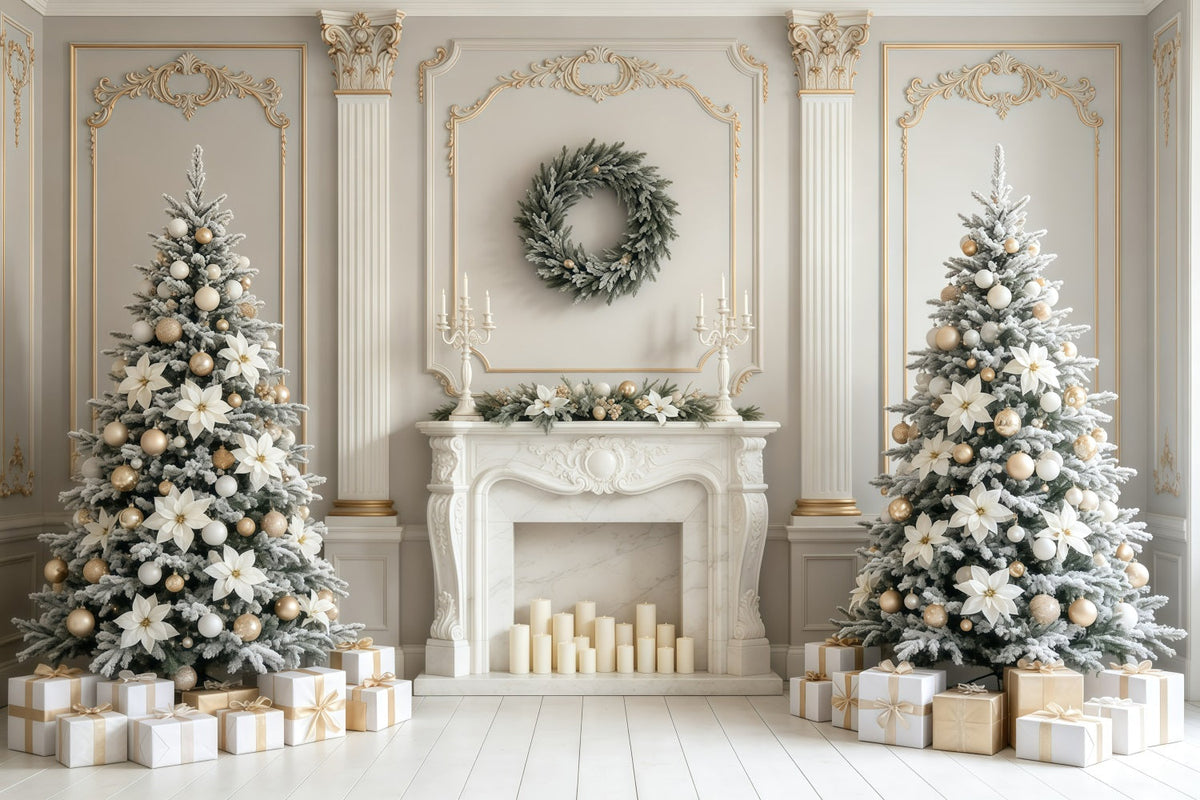 Christmas Fireplace Backdrop Elegant White Floral Mantel Photography Christmas Backdrop UK GQ68-129