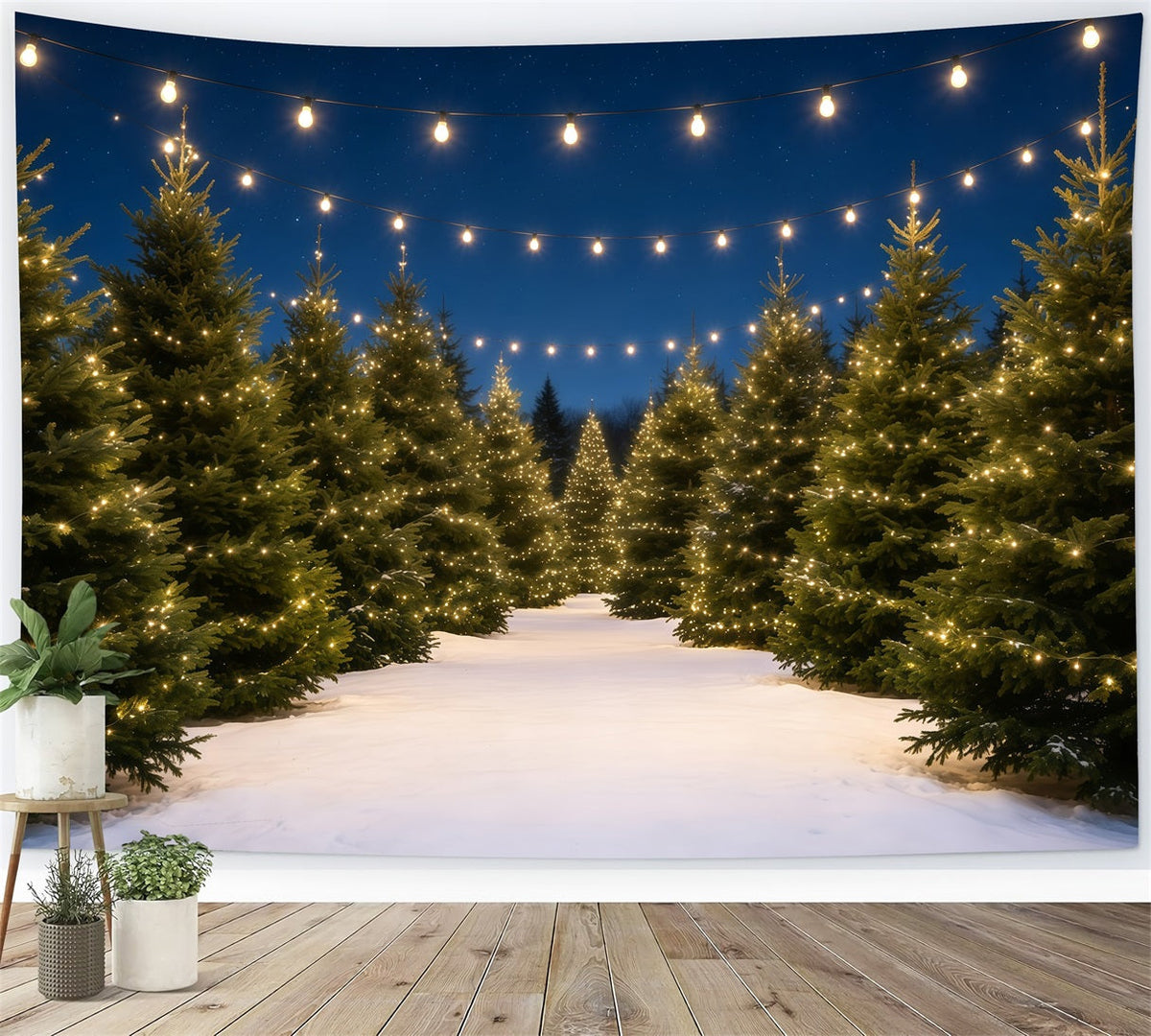 Christmas Tree Farm Backdrop Snowy Pine Light Path Christmas Backdrops UK GQ68-132