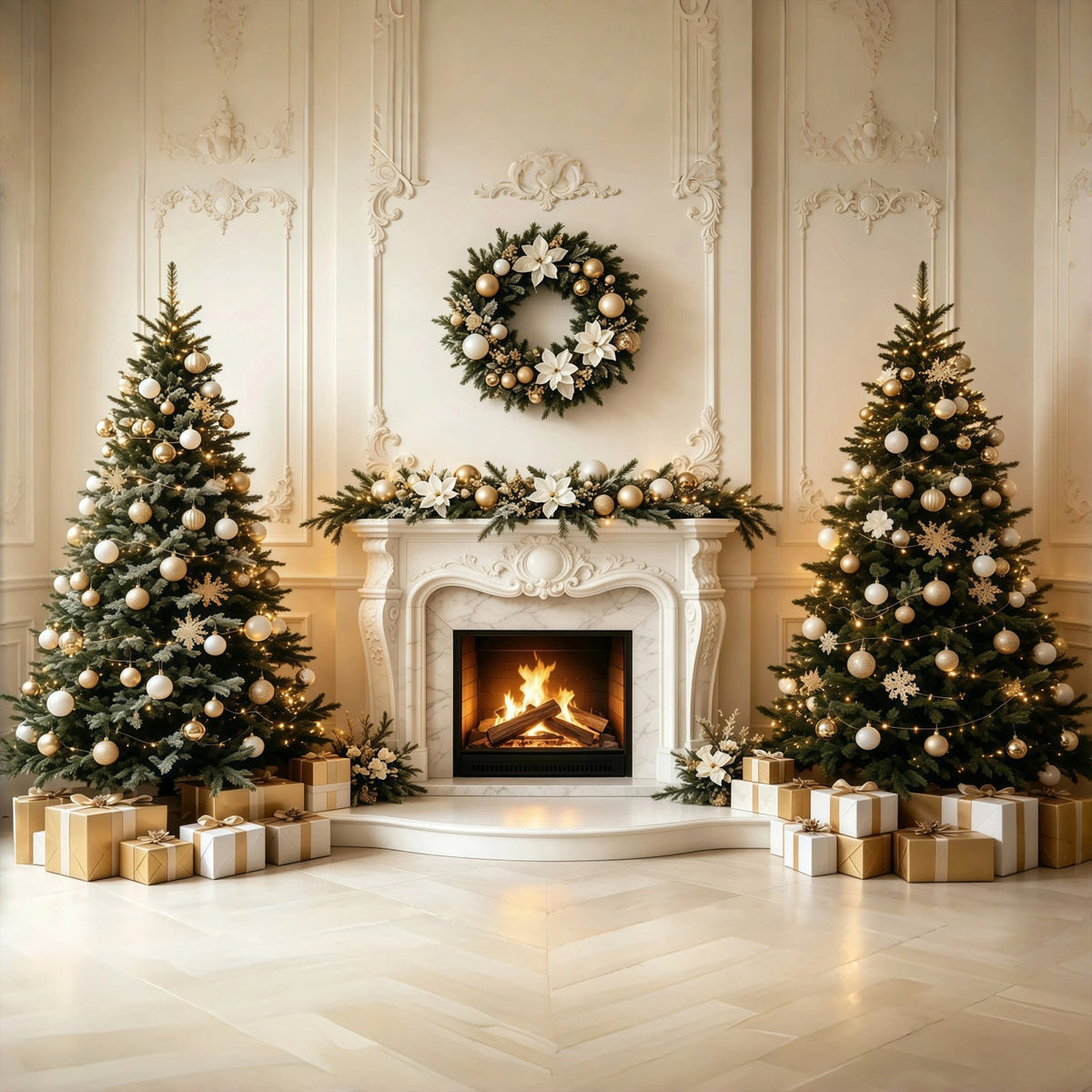 Christmas Living Room Backdrop Elegant Mantel Fireplace Photography Backdrop Christmas UK GQ68-134
