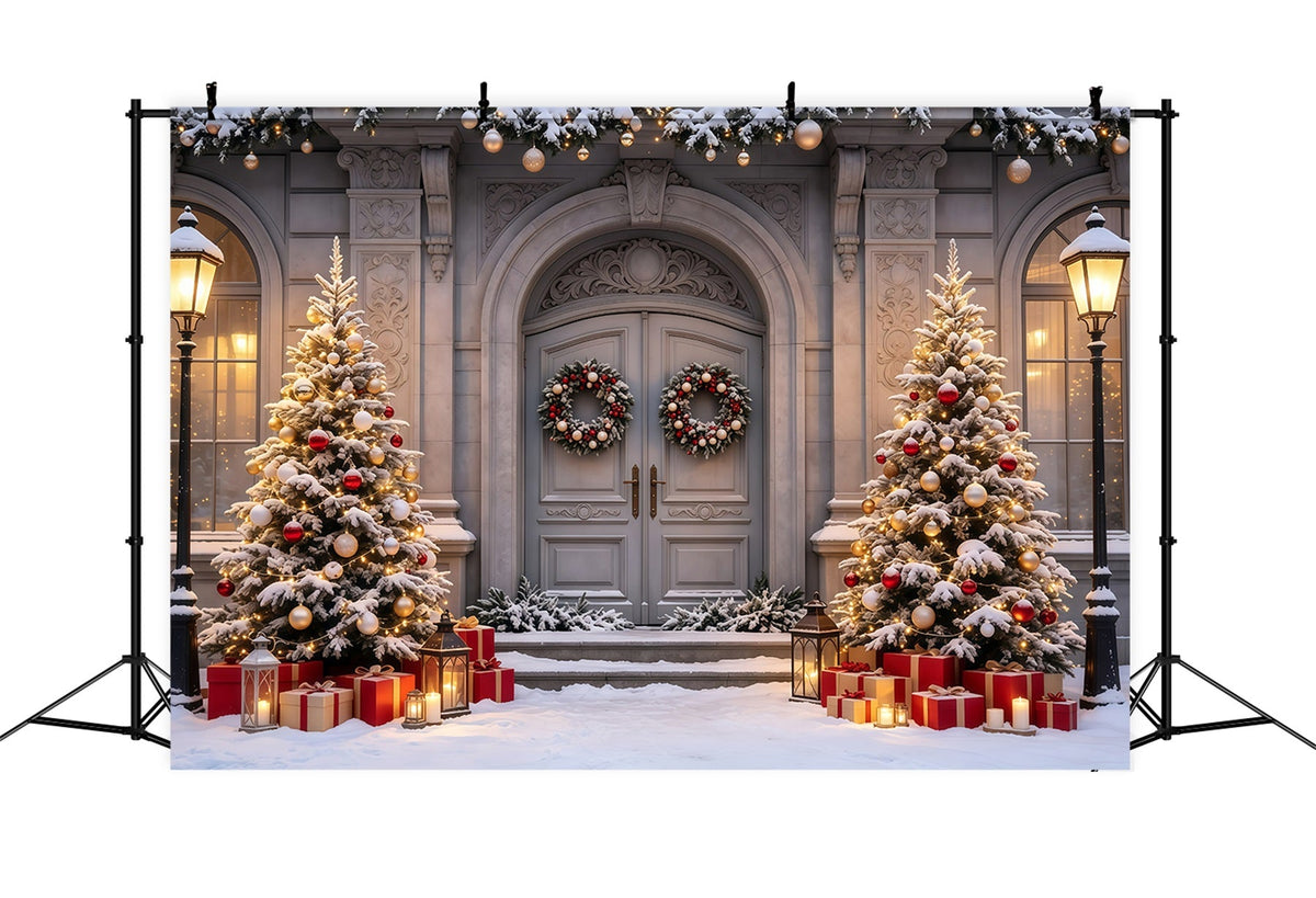 Christmas House Backdrop Snowy Mansion Doorway Trees Indoor Christmas Backdrop UK GQ68-61