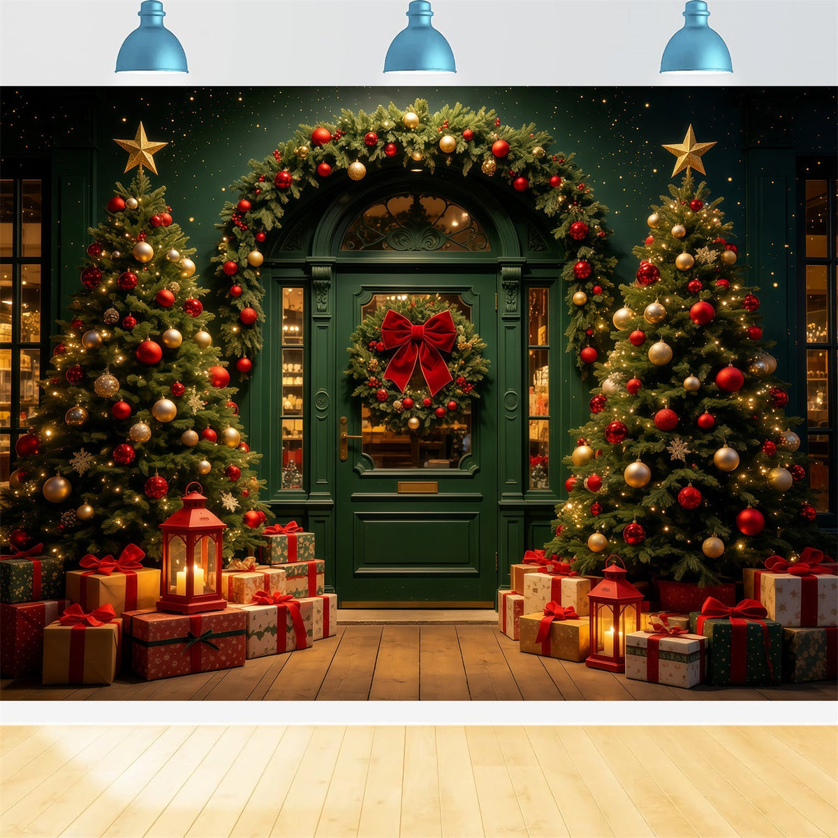 Christmas Shop Backdrop Dark Green Archway Lights Studio Backdrops Christmas UK GQ68-62