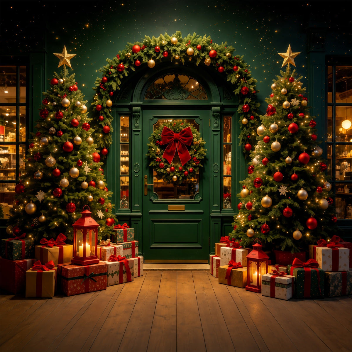 Christmas Shop Backdrop Dark Green Archway Lights Studio Backdrops Christmas UK GQ68-62
