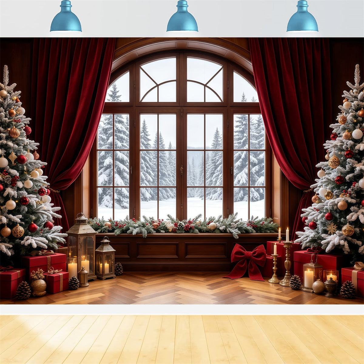 Christmas Window Backdrop Snowy View Curtain Trees Photo Christmas Backdrops UK GQ68-64