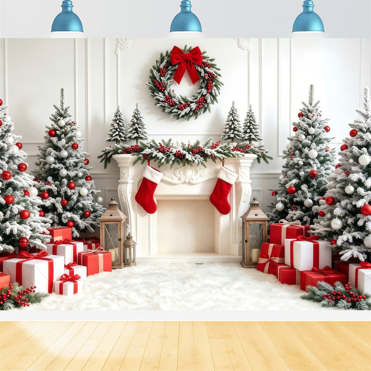 Christmas Tree Backdrop White Red Stocking Fireplace Studio Christmas Backdrops UK GQ68-67