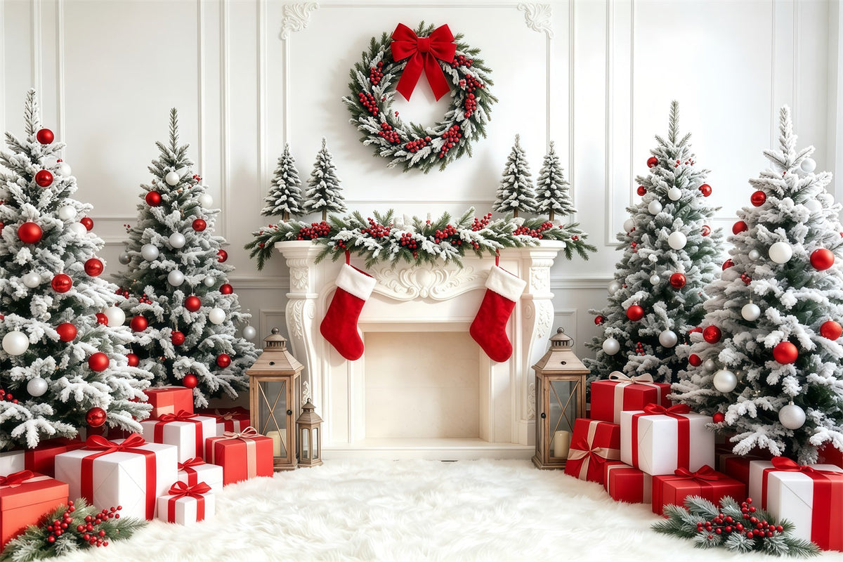 Christmas Tree Backdrop White Red Stocking Fireplace Studio Christmas Backdrops UK GQ68-67