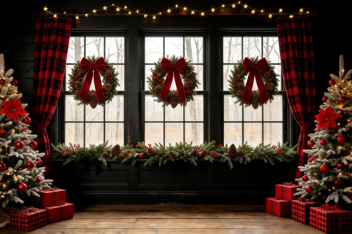 Christmas Window Backdrop Bow Wreath Rustic Curtain Wall Christmas Backdrop UK GQ68-68