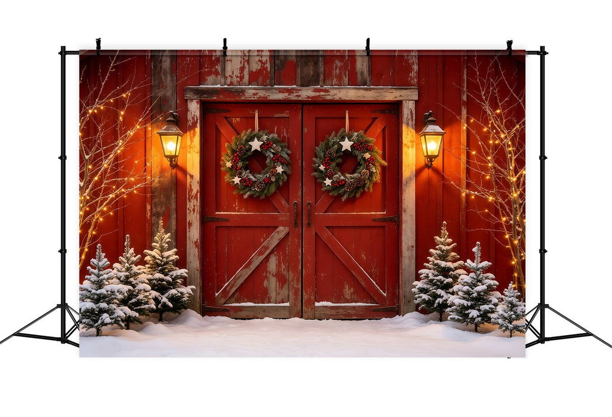 Barn Door Christmas Backdrop Rustic Red Door Lantern Christmas Muslin Backdrop UK GQ68-69