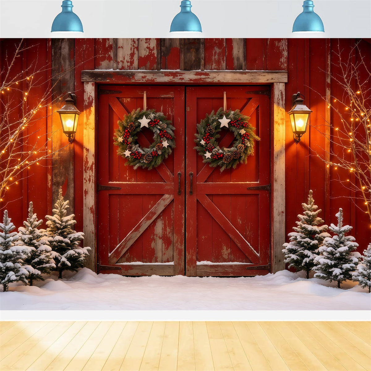 Barn Door Christmas Backdrop Rustic Red Door Lantern Christmas Muslin Backdrop UK GQ68-69