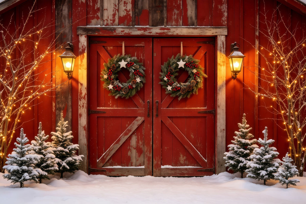 Barn Door Christmas Backdrop Rustic Red Door Lantern Christmas Muslin Backdrop UK GQ68-69