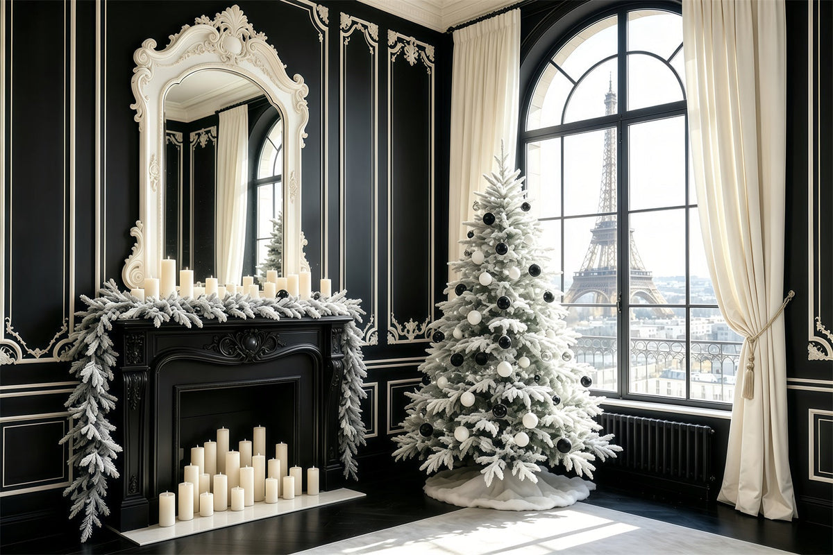 Black Christmas Backdrop Paris Window View Tree Christmas Indoor Backdrop UK GQ68-70