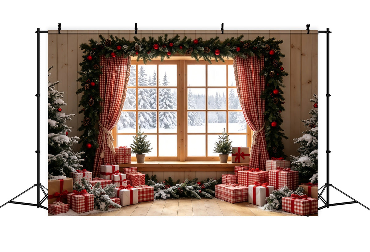 Rustic Christmas Backdrop Gingham Window Gift Display Indoor Christmas Backdrops UK GQ68-71