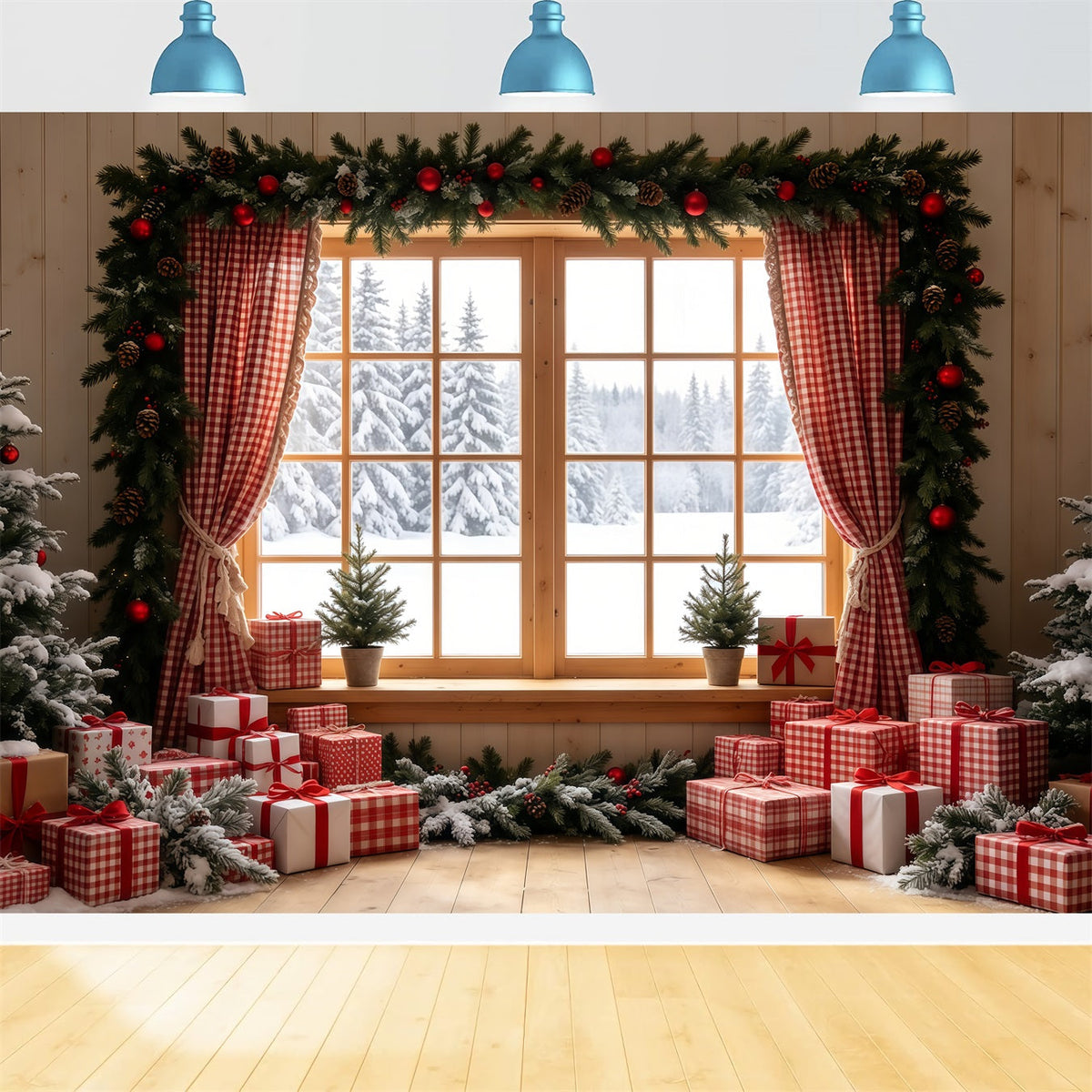 Rustic Christmas Backdrop Gingham Window Gift Display Indoor Christmas Backdrops UK GQ68-71
