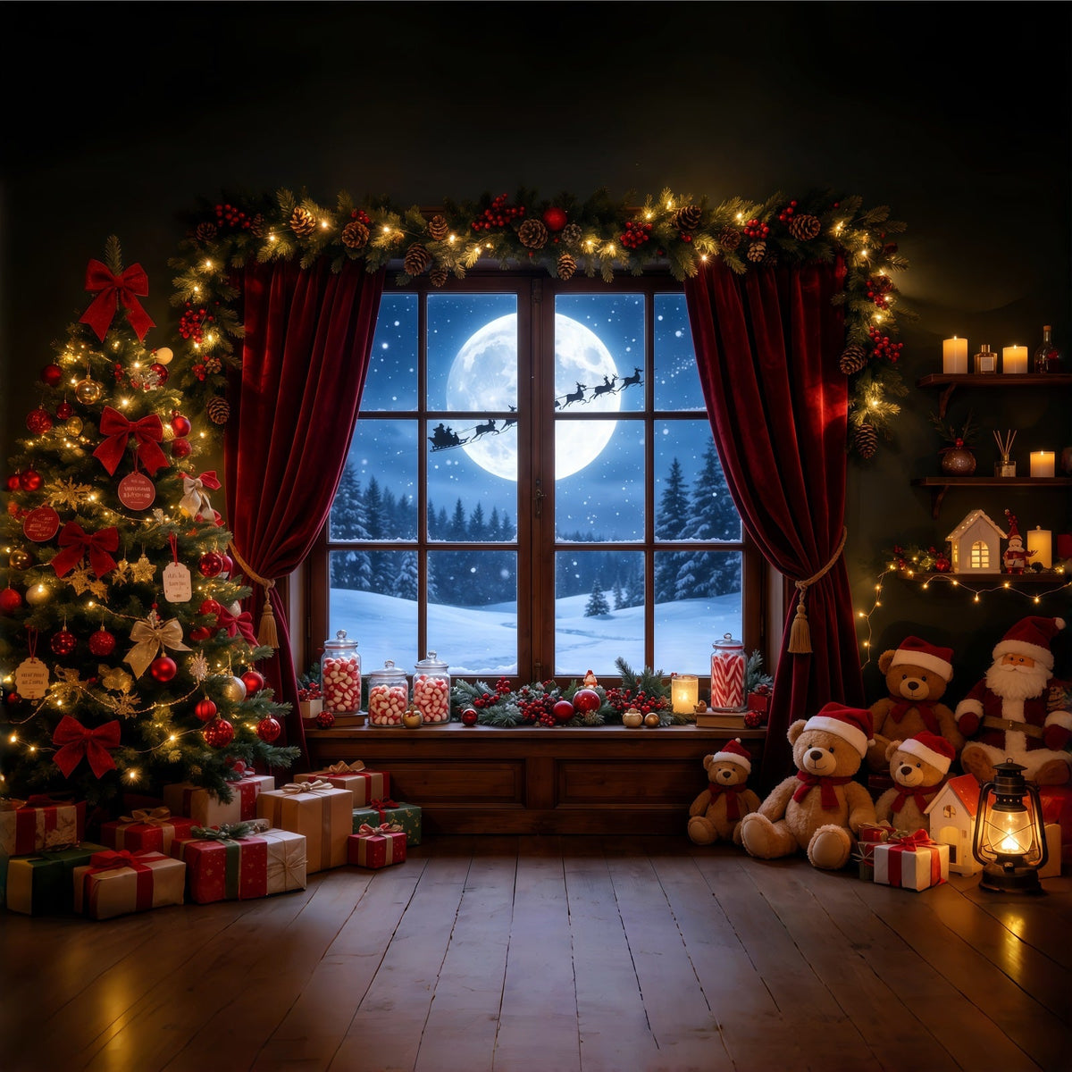 Christmas Night Backdrop Moonlit Window Teddy Room Professional Christmas Backdrop UK GQ68-72