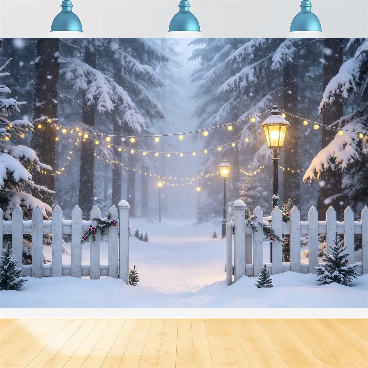 Winter Christmas Backdrop Snowy Forest Light Path Muslin Christmas Backdrop UK GQ68-74