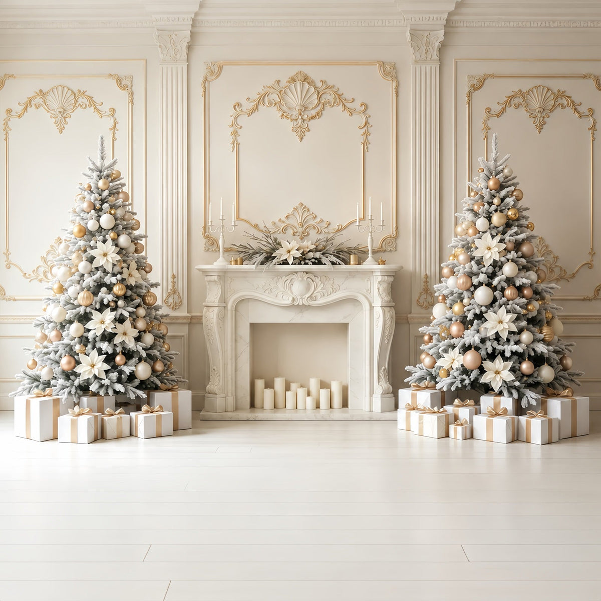 Christmas Wall Backdrop Ivory Gold Fireplace Elegance Christmas Backdrop UK GQ68-78