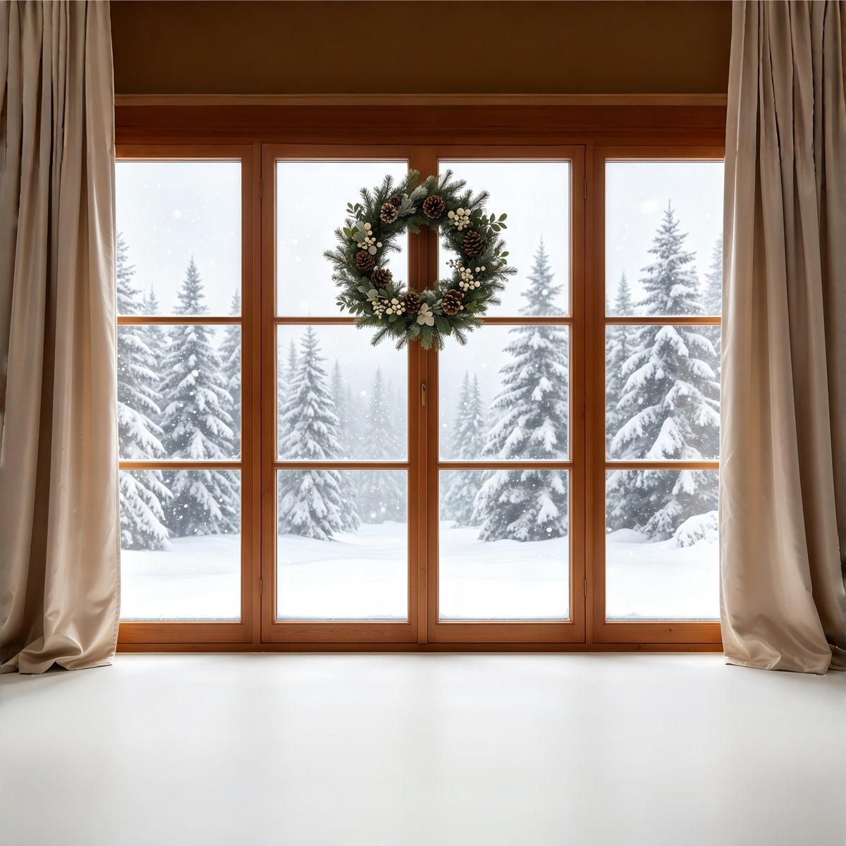 Christmas Window Backdrop Rustic Wreath Snowy Forest Christmas Photo Backdrop UK GQ68-80
