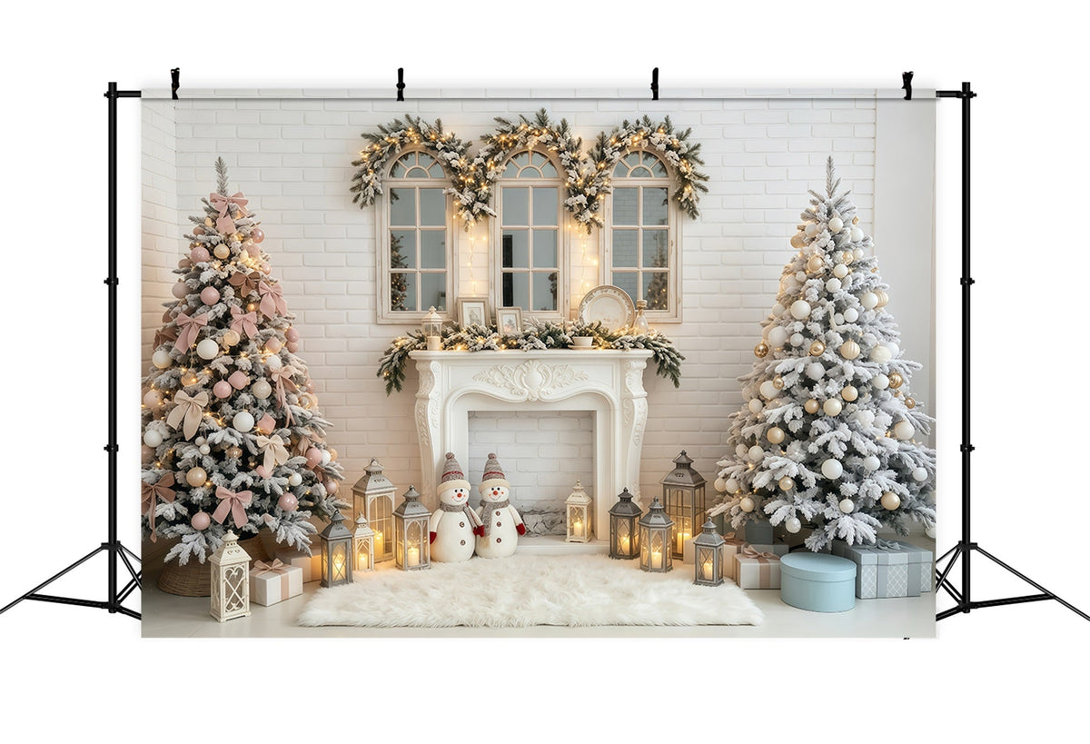 Christmas Scene Backdrop White Brick Fireplace Lanterns Christmas Photo Backdrops UK GQ68-81