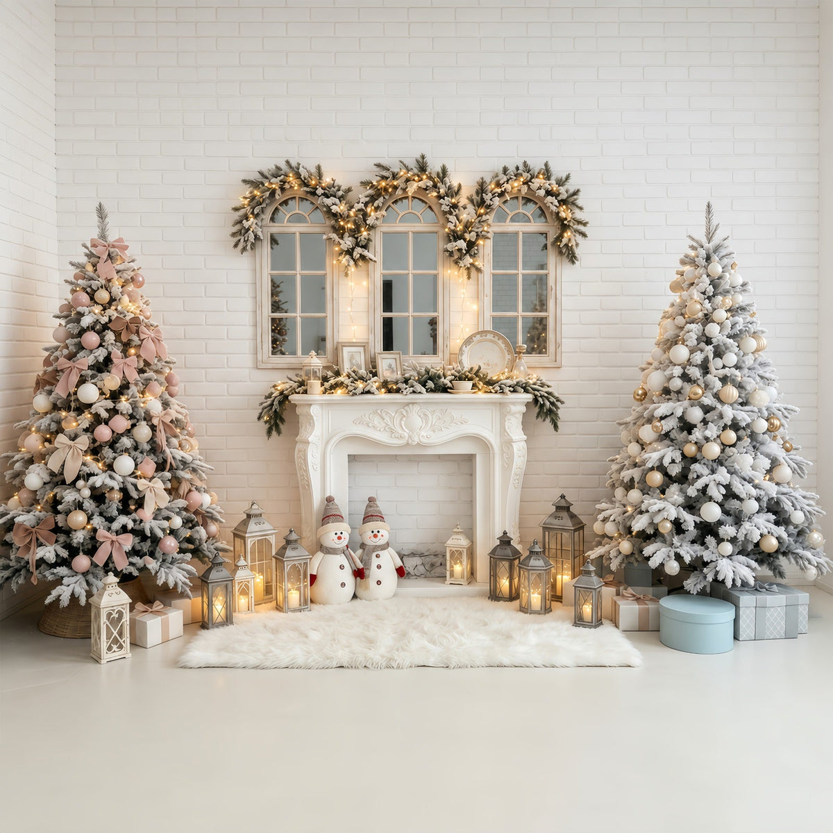 Christmas Scene Backdrop White Brick Fireplace Lanterns Christmas Photo Backdrops UK GQ68-81