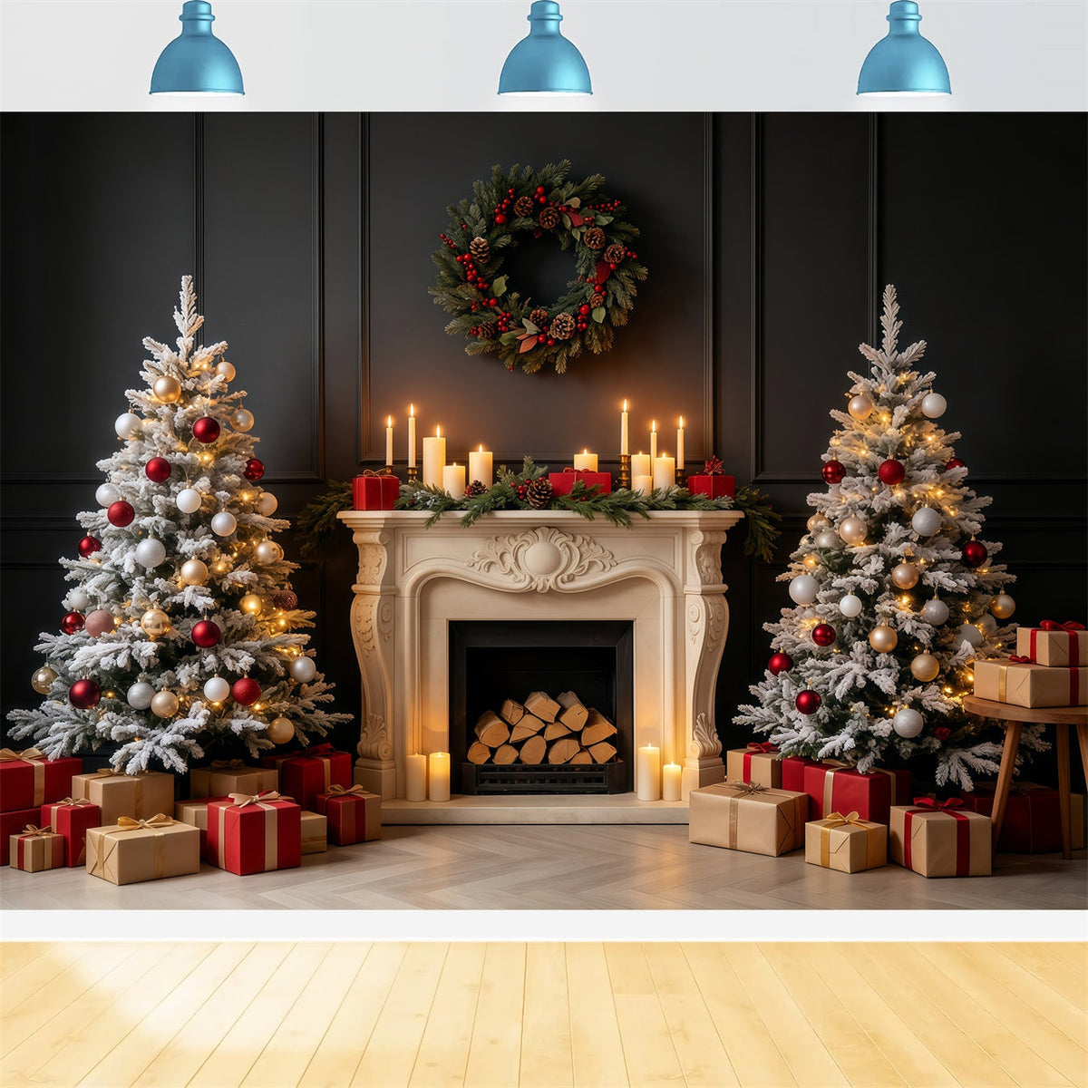 Vintage Christmas Backdrop Dark Fireplace Mantel Glow Professional Christmas Backdrops UK GQ68-84