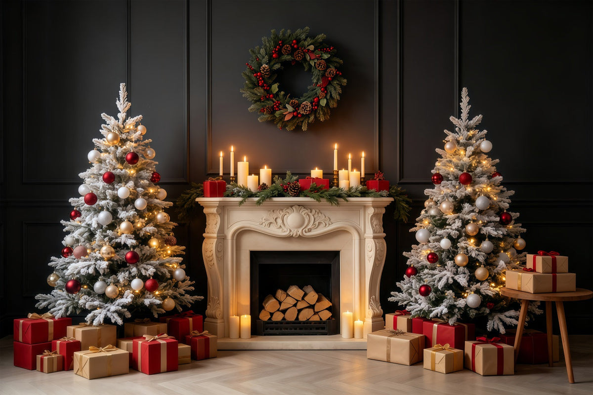 Vintage Christmas Backdrop Dark Fireplace Mantel Glow Professional Christmas Backdrops UK GQ68-84