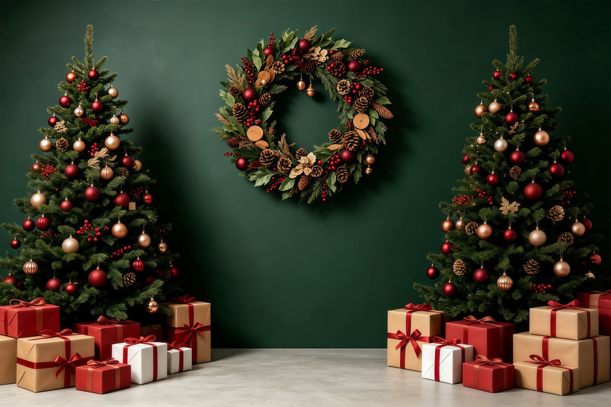 Green Christmas Backdrop Tree Wreath Gift Boxes Backdrops Christmas UK GQ68-91