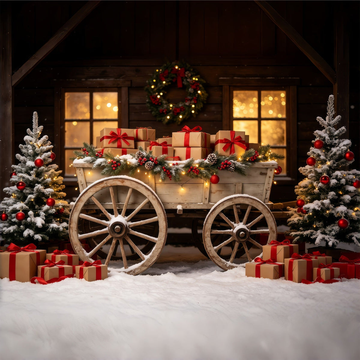 Outdoor Christmas Backdrop Rustic Wagon Gift Display Photography Christmas Backdrop UK GQ68-92