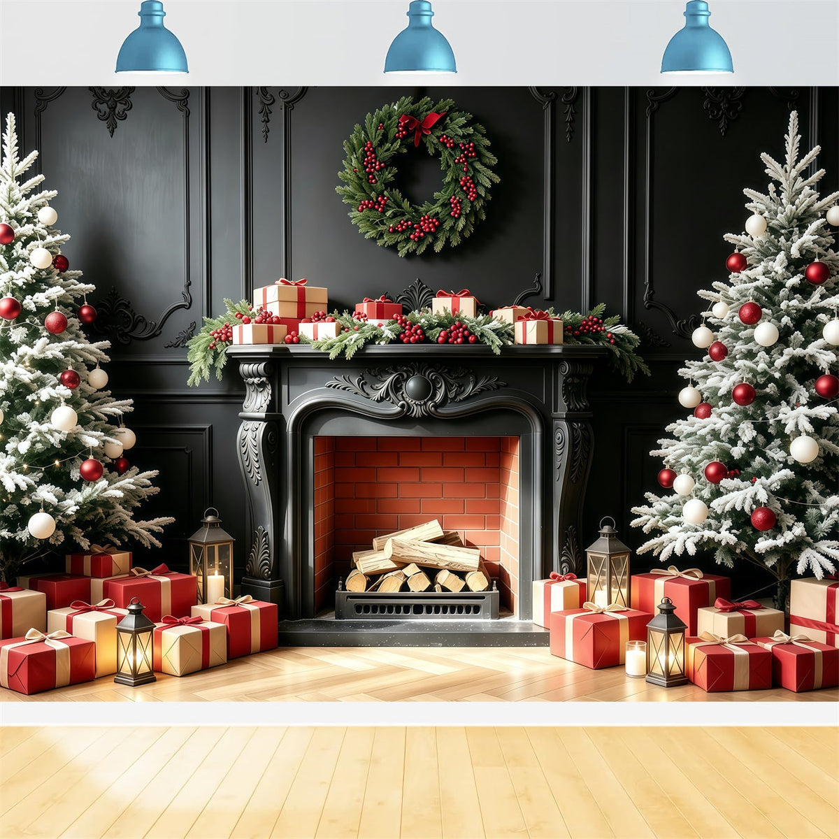 Fireplace Backdrop Christmas Black Mantel Tree Gift Photo Backdrops Christmas UK GQ68-94