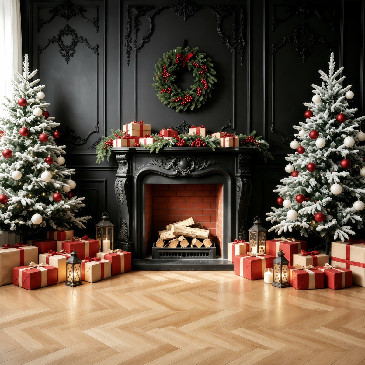 Fireplace Backdrop Christmas Black Mantel Tree Gift Photo Backdrops Christmas UK GQ68-94