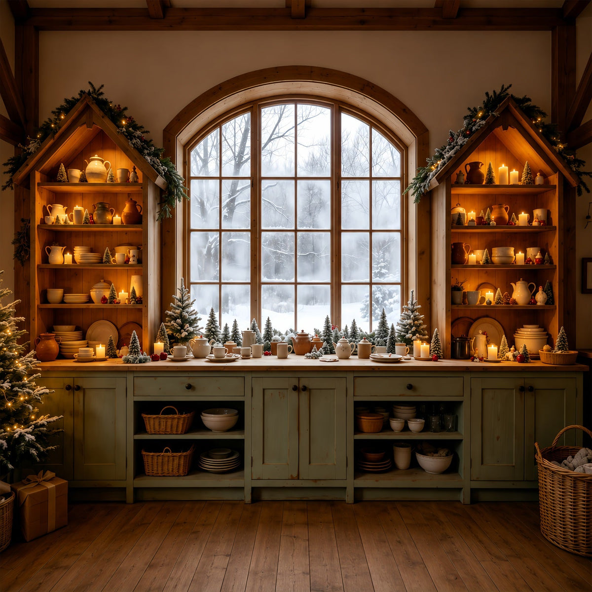 Christmas Kitchen Backdrop Cozy Kitchen Snowy Window Christmas Wall Backdrops UK GQ68-95