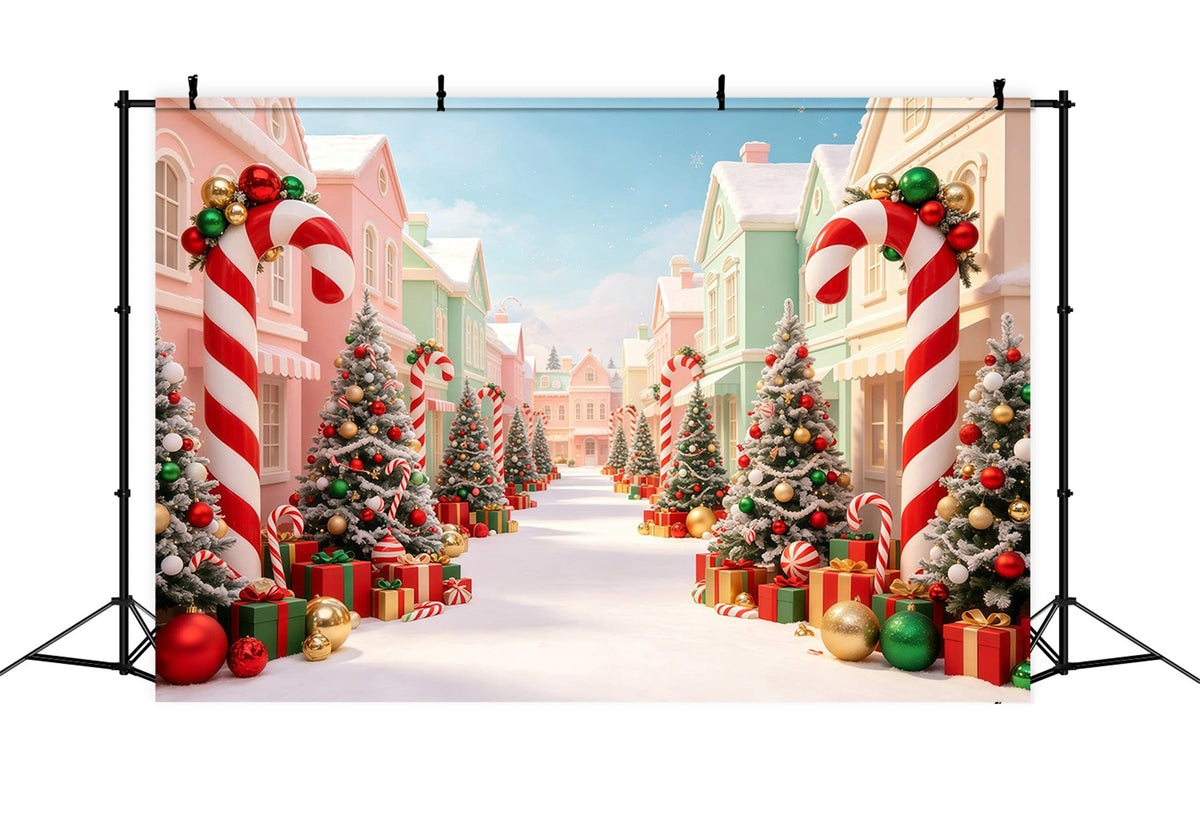 Christmas Village Backdrop Candy Cane Trees Street Indoor Christmas Backdrop UK GQ68-98