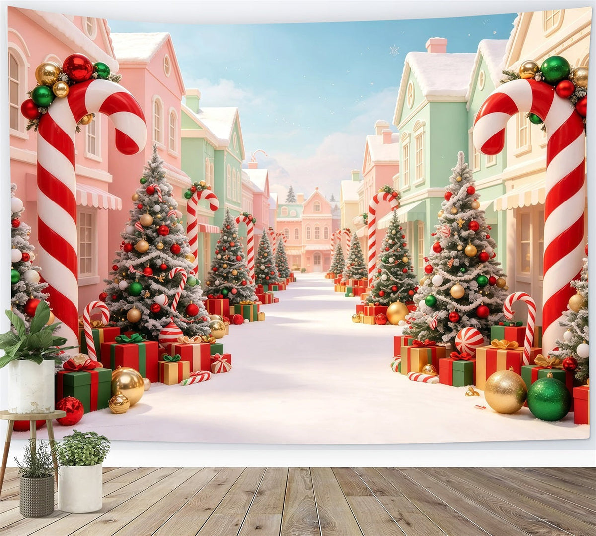 Christmas Village Backdrop Candy Cane Trees Street Indoor Christmas Backdrop UK GQ68-98