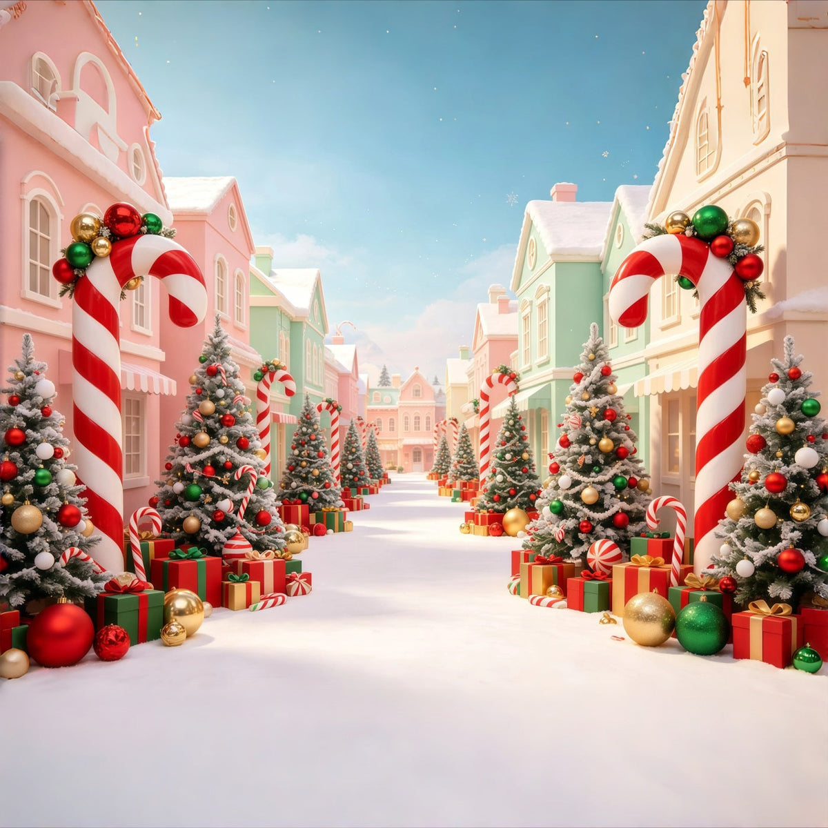 Christmas Village Backdrop Candy Cane Trees Street Indoor Christmas Backdrop UK GQ68-98