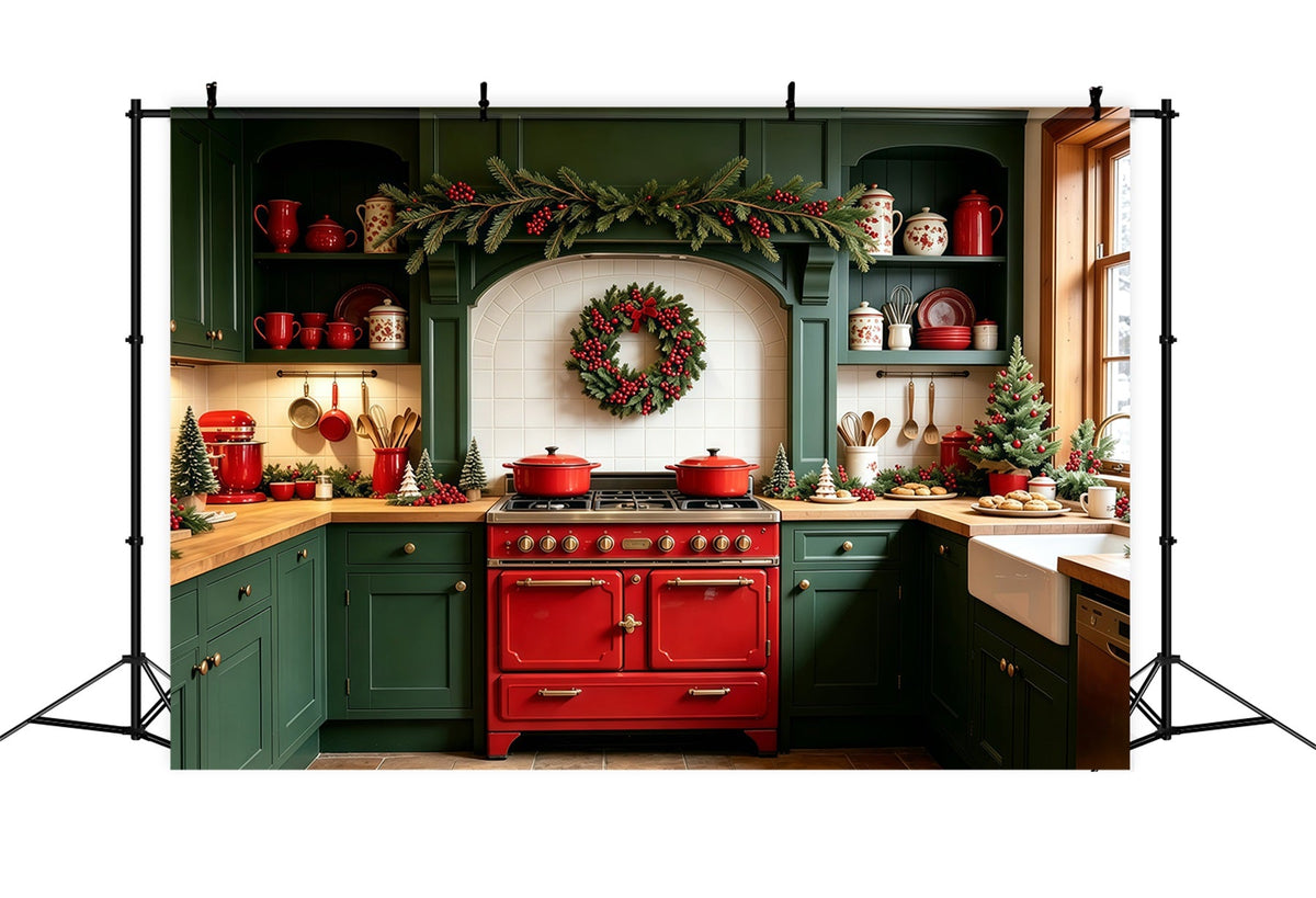 Christmas Kitchen Backdrops Green Garland Room Decor Studio Backdrops Christmas UK GQ69-1